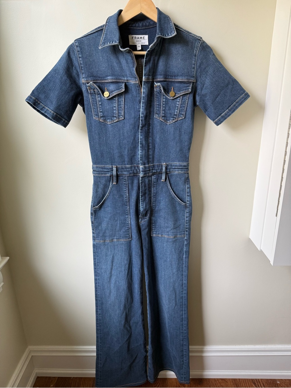 FRAME Denim Jumpsuit Flare Utility Workwear Retro 70s Americana Western Blue XS